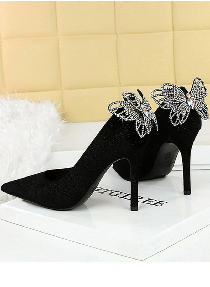 BIGTREE Women's Closed Pointed Toe Stiletto Pumps Suede Rhinestone Bowknot Decoration High Heels 10CM Black  - Image 4