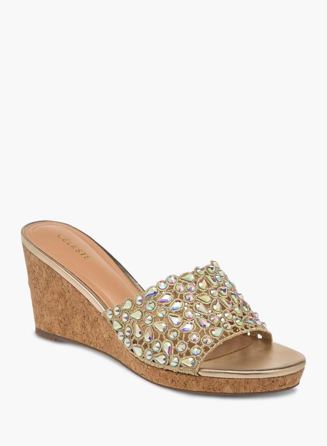 سيليست صنادل نسائية بكعب إسفيني مرصع بإغلاق سهل الارتداء - Image 1