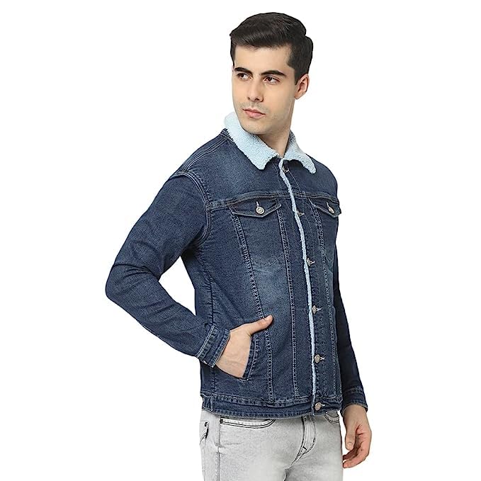Matelco Mens Denim Jacket with Fur Detailing (L, Blue) - Image 2