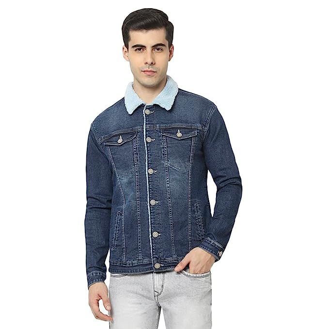 Matelco Mens Denim Jacket with Fur Detailing (L, Blue) - Image 1