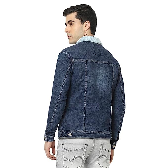 Matelco Mens Denim Jacket with Fur Detailing (L, Blue) - Image 3