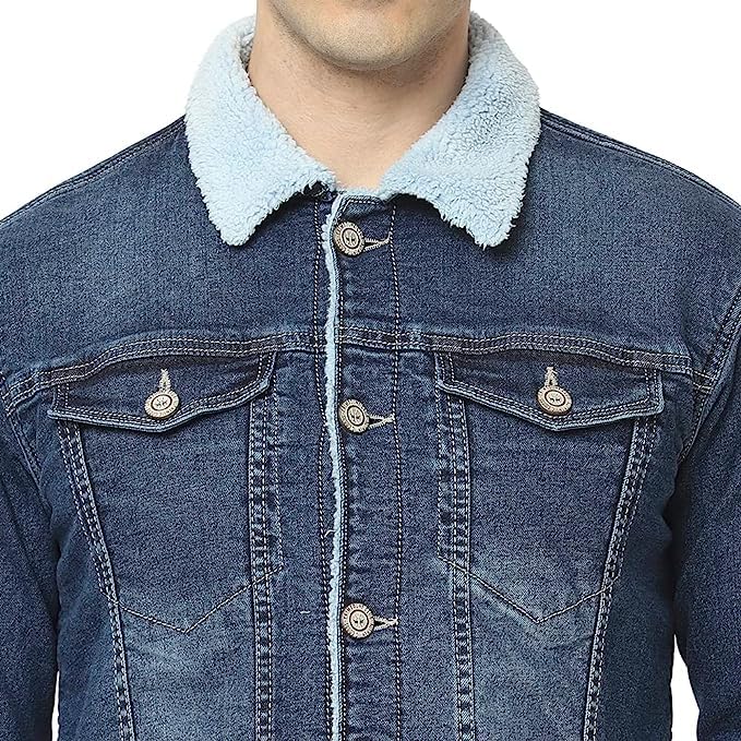 Matelco Mens Denim Jacket with Fur Detailing (L, Blue) - Image 4