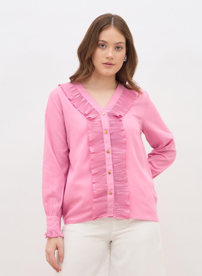 ستايلي بلوزة بأكمام طويلة وتفاصيل مكشكشة للنساء - Image 1