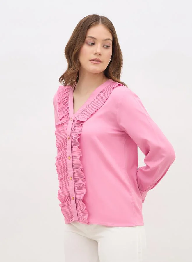 Styli Women Pink Ruffle Detail Long Sleeve Top