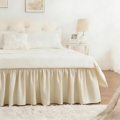 RIMELA Bed Skirt Queen Size 15 Inch Drop, Wrap Around Elastic Bedskirt for Home, Room Decoration for Women, Pleated Adjustable Dust Ruffle, Light Beige, Easy to Install - Image 1