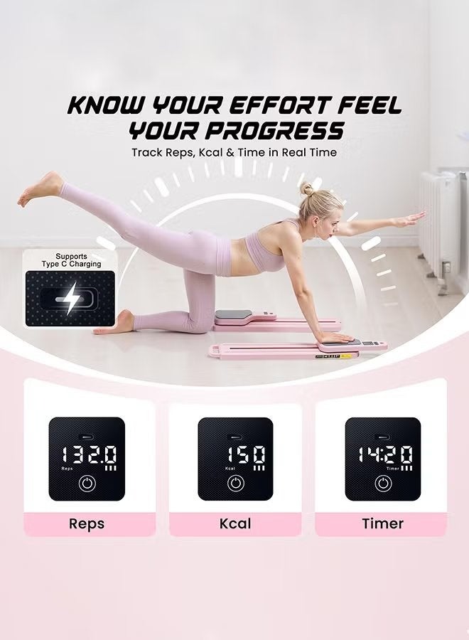 JAJEEK Foldable Pilates Reformer Machine for Home Workout – Smart Display Tracking (Reps, Calories, Timer), Resistance Bands Included, Full Body Core & Glutes Trainer, Compact Home Gym Fitness Equipment – Pink - Image 4