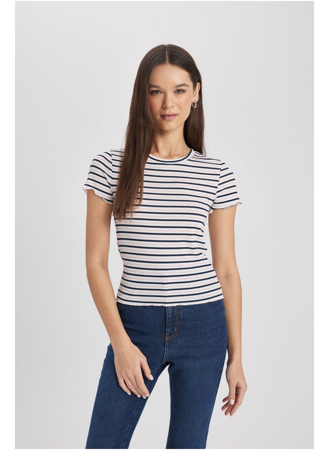 DeFacto - Woman Fitted Crew Neck Knitted Short Sleeve T-Shirt - Image 1