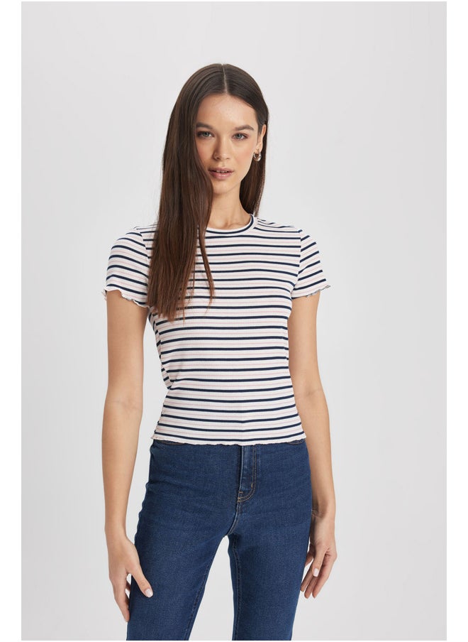 DeFacto - Woman Fitted Crew Neck Knitted Short Sleeve T-Shirt - Image 1