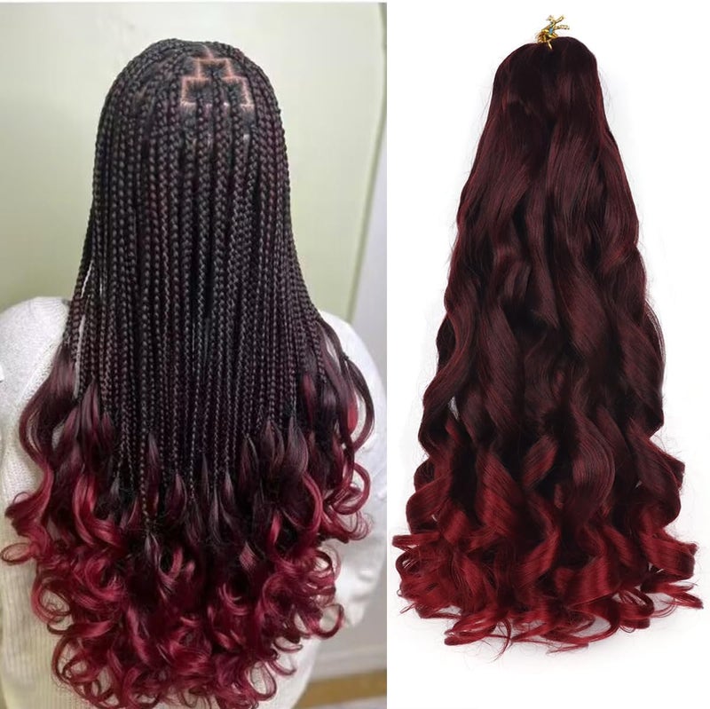 Lianzi French Curly Braiding Hair 18 Inch 8 Packs Curly Braiding Hair Pre Stretched for Box Braids French Curls Crochet Braids Bouncy Loose Wavy Braiding Hair Extensions(18 Inch, Black mixed Burgundy ） - Image 1