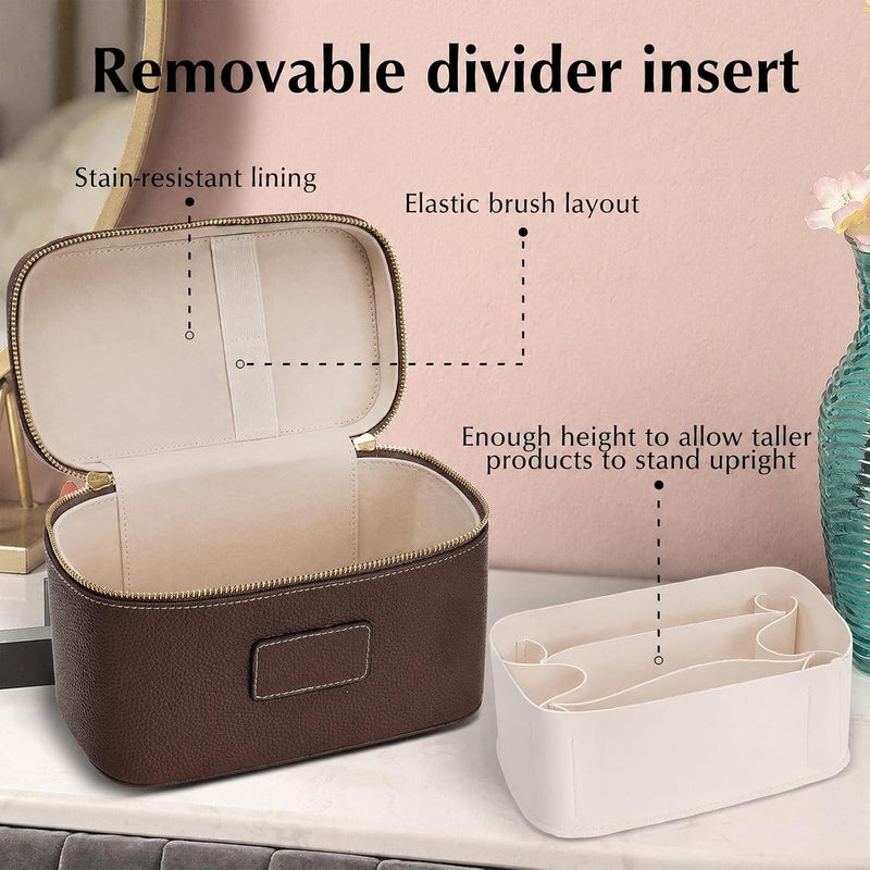 idoltimes Makeup Bag, Cosmetic Case Leather Cosmetic Bag with Removable Divider Waterproof Portable Travel Toiletry Bags Makeup Organizer Case, Coffee - Image 4