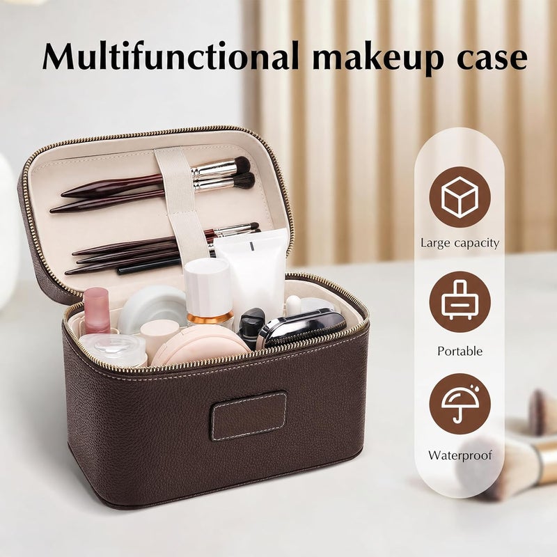 idoltimes Makeup Bag, Cosmetic Case Leather Cosmetic Bag with Removable Divider Waterproof Portable Travel Toiletry Bags Makeup Organizer Case, Coffee - Image 5