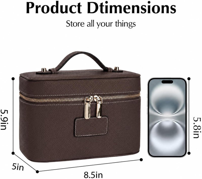 idoltimes Makeup Bag, Cosmetic Case Leather Cosmetic Bag with Removable Divider Waterproof Portable Travel Toiletry Bags Makeup Organizer Case, Coffee - Image 2