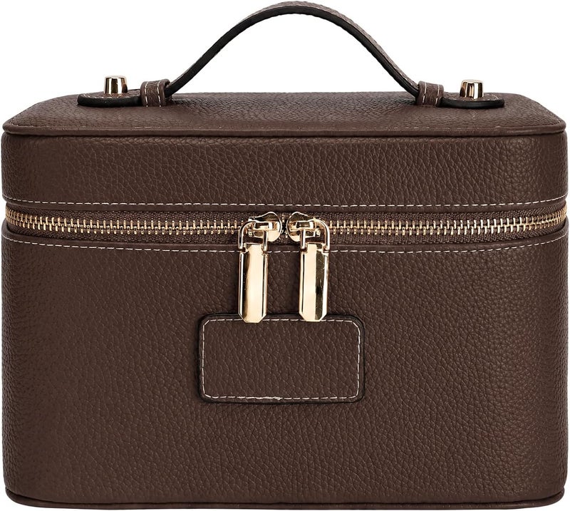 idoltimes Makeup Bag, Cosmetic Case Leather Cosmetic Bag with Removable Divider Waterproof Portable Travel Toiletry Bags Makeup Organizer Case, Coffee - Image 1