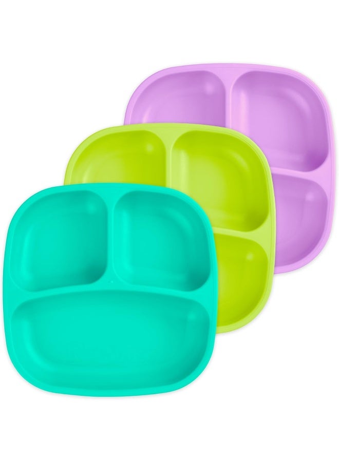 Replay Re Play Made in USA 3pk Divided Plates with Deep Sides for Easy Baby, Toddler, Child Feeding - Aqua, Green & Purple (Mermaid) - Image 1