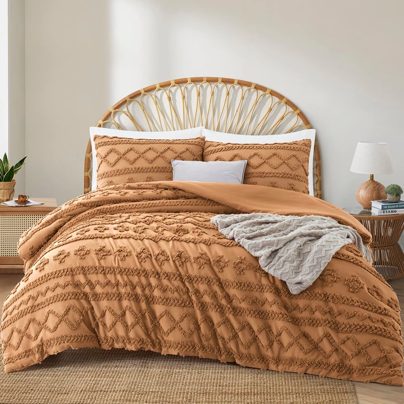 Oli Anderson Pumpkin Brown Queen Comforter Set Tufted Bedding Set Queen 3 Pieces Boho Shabby Chic Comforter with 2 Pillowcases Pumpkin BrownQueen