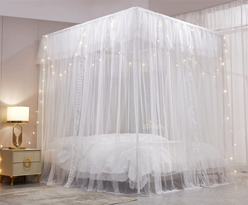 VETHIN 4 Corners Post Ruffle Princess Bed Canopy Curtain-Double Layer Cozy Drape Netting 4 Opening Mosquito Net for Girls Adults Bedroom Decoration (White/White, 53" W*78" L*82"*H/(Full)) - Image 3