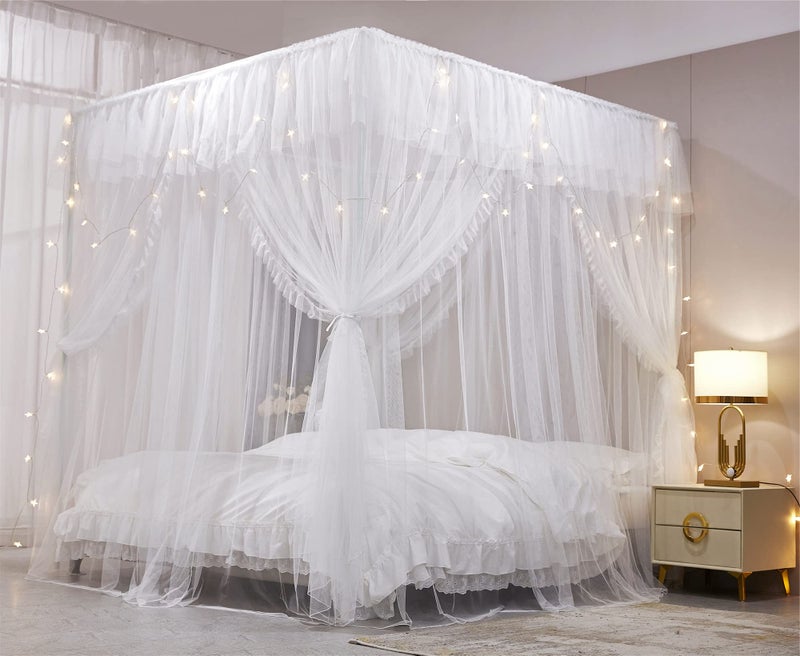 VETHIN 4 Corners Post Ruffle Princess Bed Canopy Curtain-Double Layer Cozy Drape Netting 4 Opening Mosquito Net for Girls Adults Bedroom Decoration (White/White, 53" W*78" L*82"*H/(Full)) - Image 2