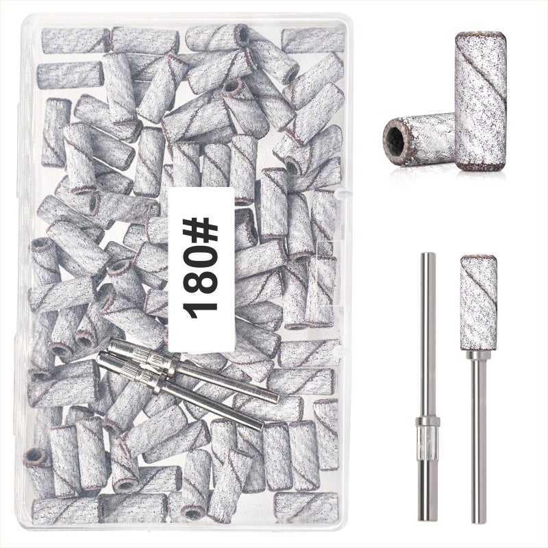 BLESWIN Small Sanding Bands for Nail Drill, 100pcs Mini Bands 180 Fine Grit Nail File Sanding Bands with Upgrade 2pcs 3/32'' Mandrels Bits, for Acrylic Nail Gel Removal, Plastic Polishing Manicure, White - Image 1