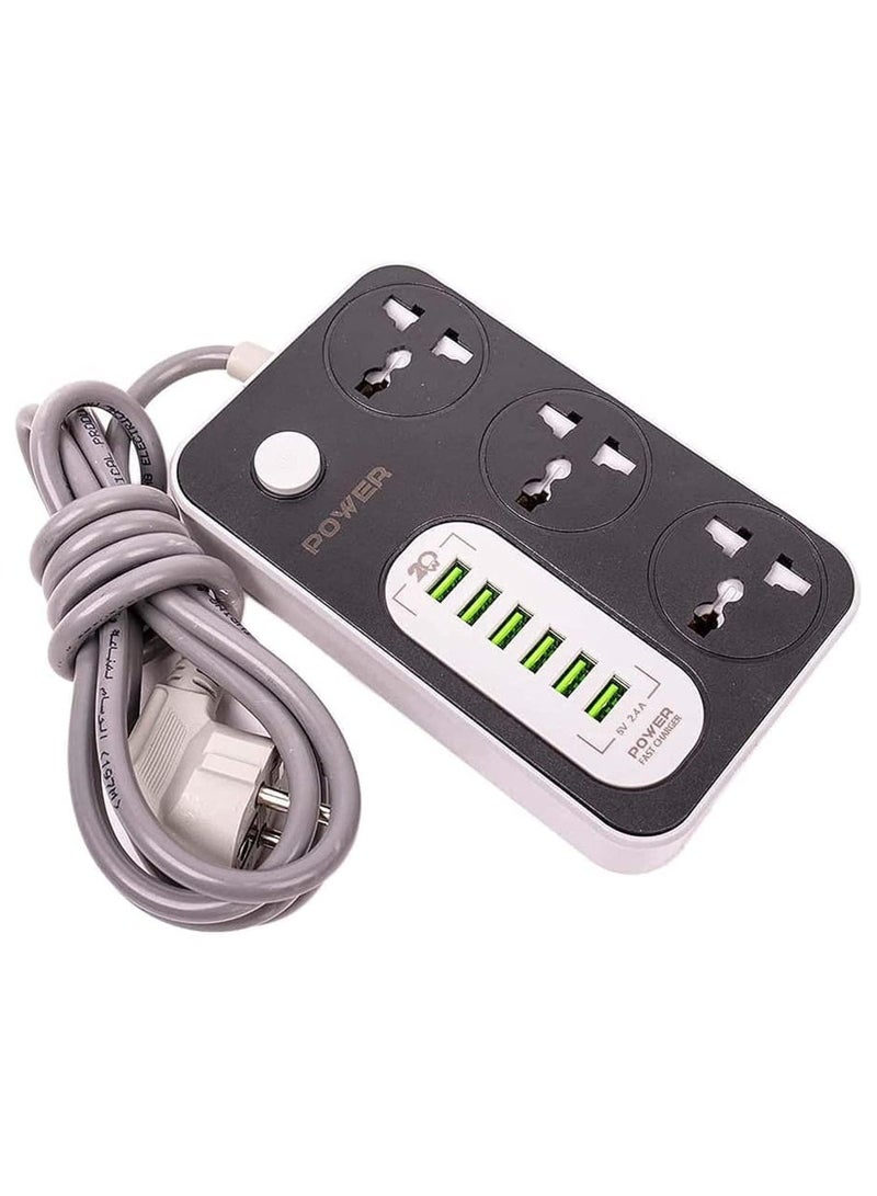 G-POWER ws341 power strip surge protector 220v with 3 universal international socket and smart 6 usb charging ports 2.4a - black grey  - Image 1