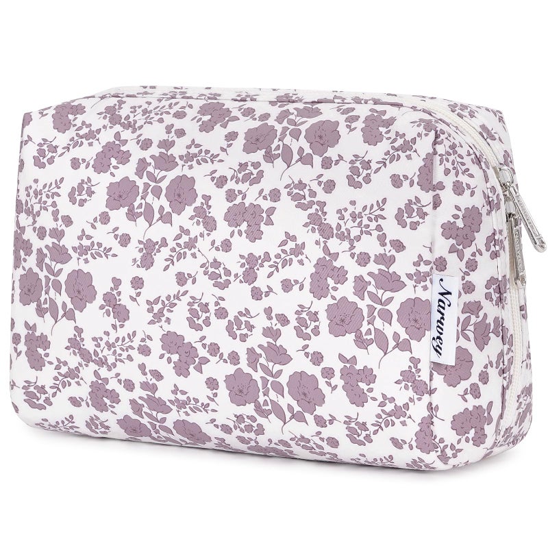 Narwey Cute Floral Makeup Bag Travel Cosmetic Bag Organizer Toiletry Bag Make Up Bags with Organized Pocket for Women Girls (Large,Dusty Pink Flower) - Image 1