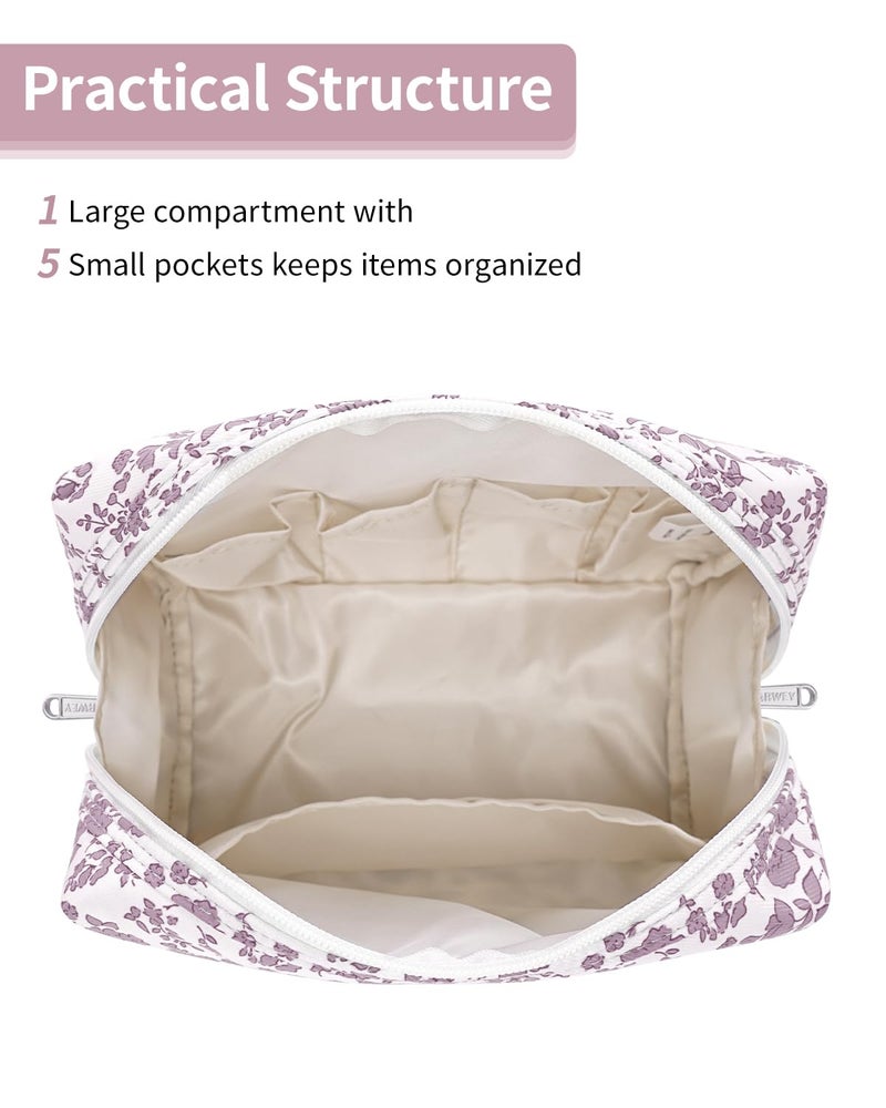 Narwey Cute Floral Makeup Bag Travel Cosmetic Bag Organizer Toiletry Bag Make Up Bags with Organized Pocket for Women Girls (Large,Dusty Pink Flower) - Image 4