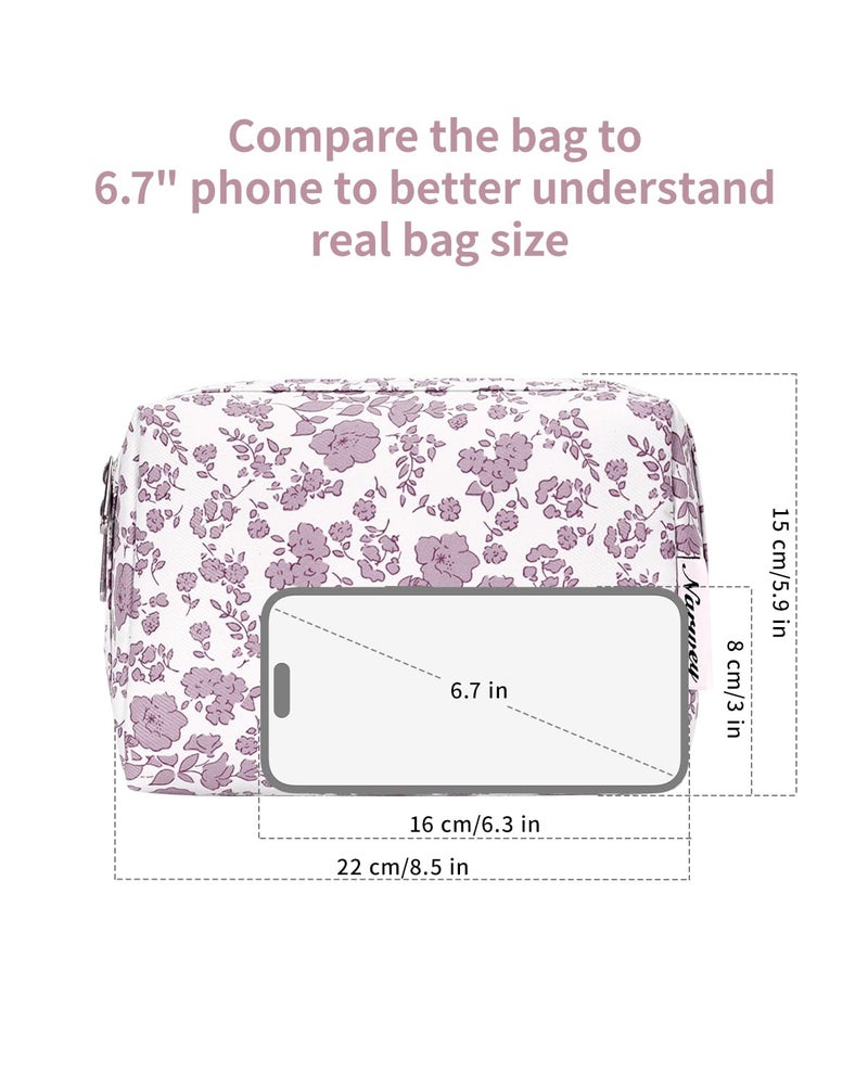 Narwey Cute Floral Makeup Bag Travel Cosmetic Bag Organizer Toiletry Bag Make Up Bags with Organized Pocket for Women Girls (Large,Dusty Pink Flower) - Image 5