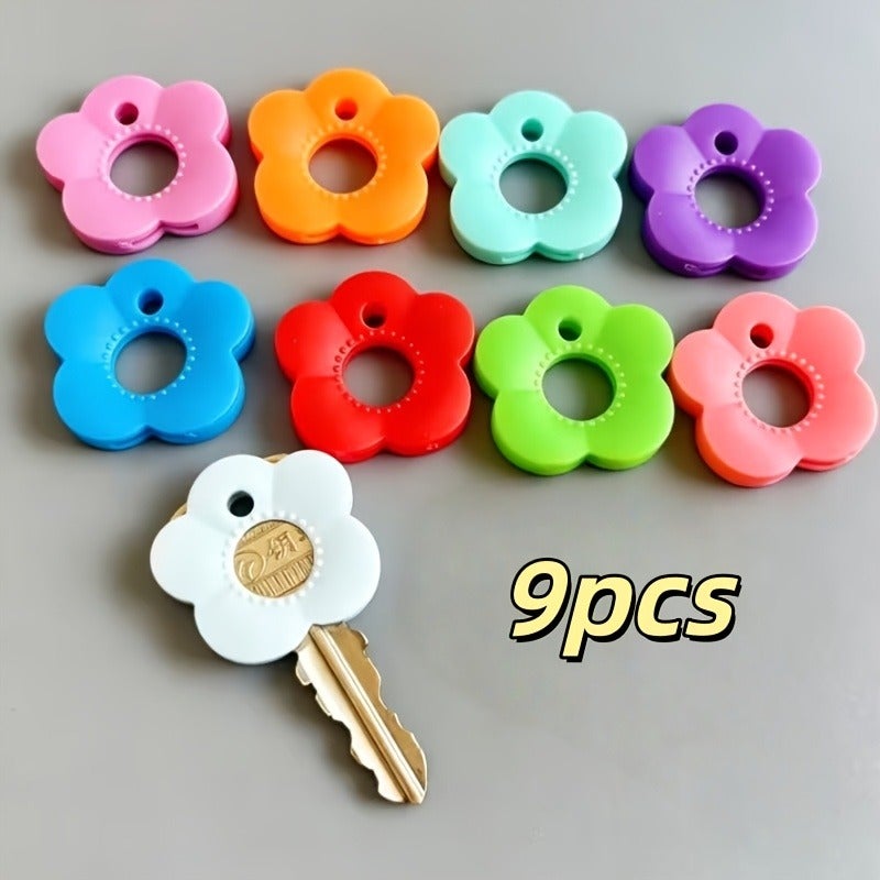 9-Piece Random Color Flower Key Cover Set with Tag Key Caps - Durable Color-Coded Key Protectors for Home/Office Keys, Easy-to-Install Keychain Organizer - Ideal Party Gift - Image 2
