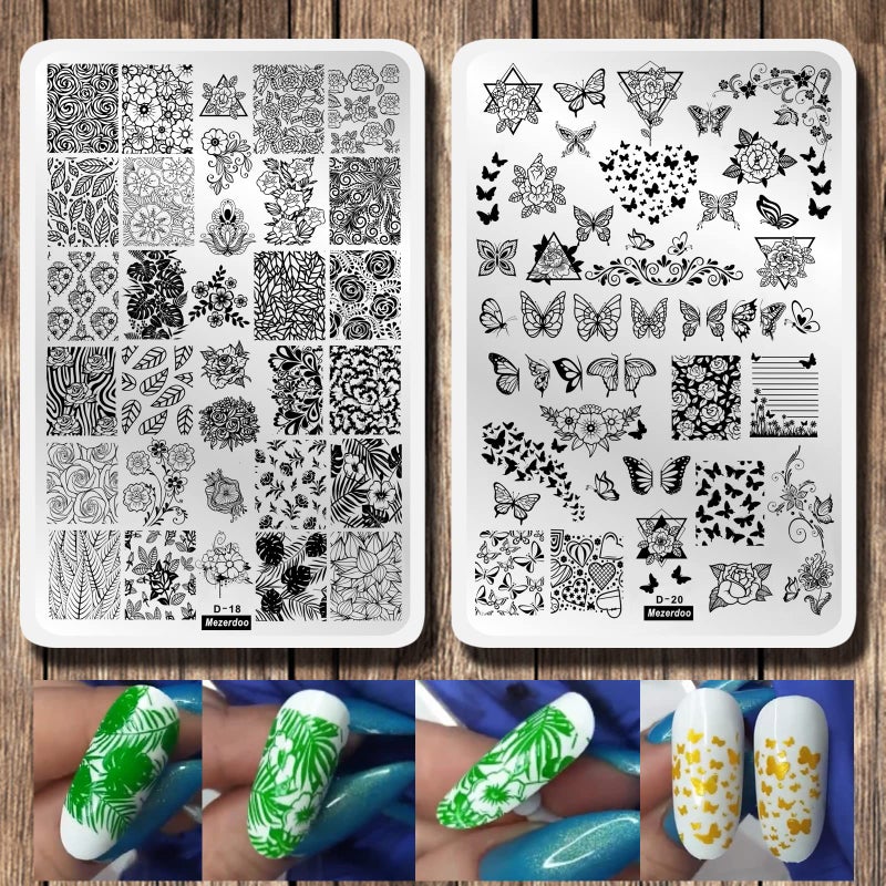 2Pcs Butterfly Rose Steel Nail Stamping Plates Flower Leaf Image Geometric Polish Stencil Accessories Tool 14595cm Big Size Nail Art Template