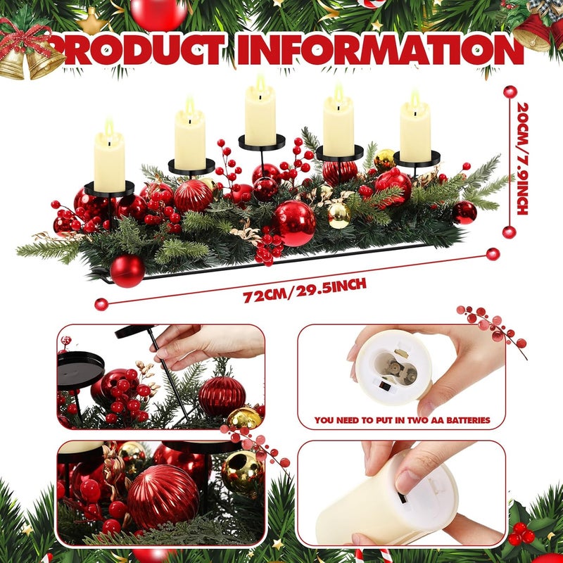 Funnymoom Christmas Tabletop Centerpiece 30 Inch Christmas Poinsettia Candle Holder with 5 Candle Artificial Table Decorations with Red Berries Gold Plants(Red Ball) - Image 2