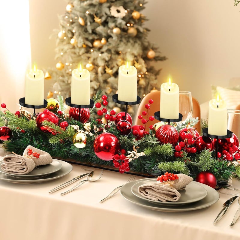 Funnymoom Christmas Tabletop Centerpiece 30 Inch Christmas Poinsettia Candle Holder with 5 Candle Artificial Table Decorations with Red Berries Gold Plants(Red Ball) - Image 1