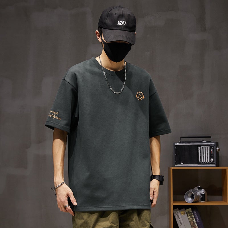 Summer Tide Brand 250G Heavy Short Sleeve T-Shirt Men'S Loose Plus Size Round Neck Smiley Face Embroidery Half Sleeve T-Shirt Top - Image 1