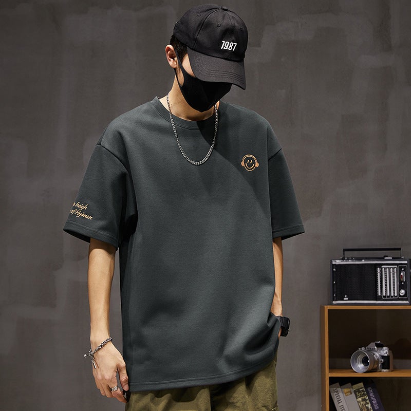 Summer Tide Brand 250G Heavy Short Sleeve T-Shirt Men'S Loose Plus Size Round Neck Smiley Face Embroidery Half Sleeve T-Shirt Top - Image 3