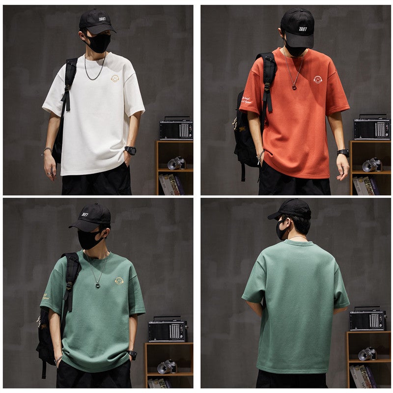 Summer Tide Brand 250G Heavy Short Sleeve T-Shirt Men'S Loose Plus Size Round Neck Smiley Face Embroidery Half Sleeve T-Shirt Top - Image 2
