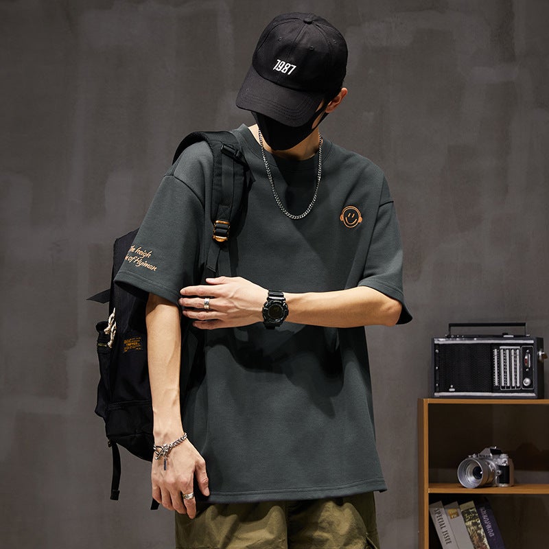 Summer Tide Brand 250G Heavy Short Sleeve T-Shirt Men'S Loose Plus Size Round Neck Smiley Face Embroidery Half Sleeve T-Shirt Top - Image 4