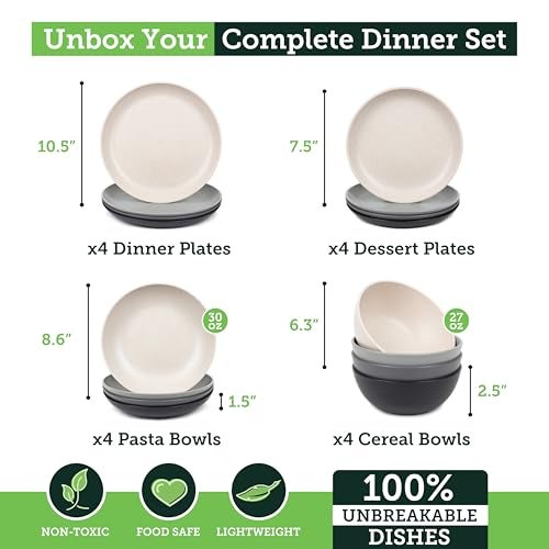 Grow Forward 16-piece Premium Wheat Straw Dinnerware Sets for 4 - Unbreakable Dishwasher and Microwave Safe Plastic Plates and Bowls Sets - Patio, Outdoors, RV, Camping Dishes - Moonlight - Image 3