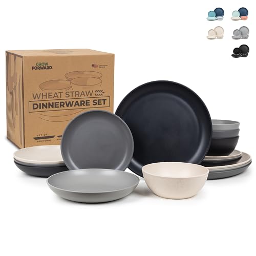 Grow Forward 16-piece Premium Wheat Straw Dinnerware Sets for 4 - Unbreakable Dishwasher and Microwave Safe Plastic Plates and Bowls Sets - Patio, Outdoors, RV, Camping Dishes - Moonlight - Image 1