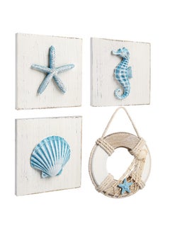 Beach Wall Décor 4 Pack 3D Seashell Starfish Seahorse And Lifesaver Buoy Decorations On Wood Board Rustic Ocean Coastal Themed Wall Art For Bathroom Living Room Bedroom (6“ X 6“)