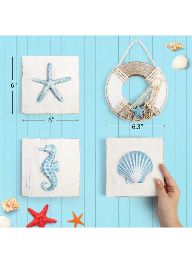 LotFancy - Beach Wall Décor 4 Pack 3D Seashell Starfish Seahorse And Lifesaver Buoy Decorations On Wood Board Rustic Ocean Coastal Themed Wall Art For Bathroom Living Room Bedroom (6“ X 6“) - Image 1