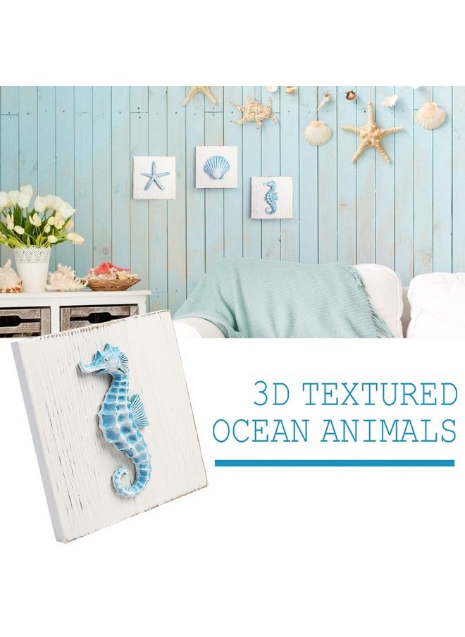 LotFancy - Beach Wall Décor 4 Pack 3D Seashell Starfish Seahorse And Lifesaver Buoy Decorations On Wood Board Rustic Ocean Coastal Themed Wall Art For Bathroom Living Room Bedroom (6“ X 6“) - Image 1