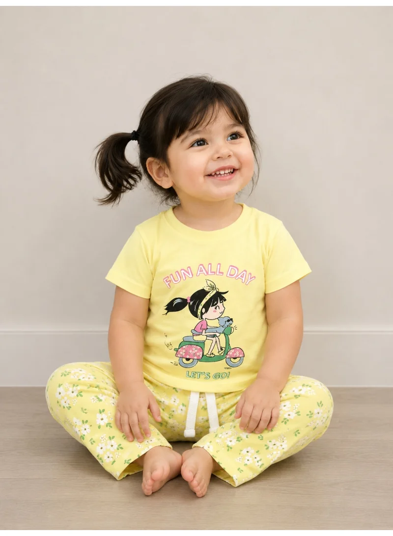 Victor And Jane  Girls Cartoon Print Cotton Pajama Set – T-Shirt & Full Pants Nightwear for Women | Best Price UAE