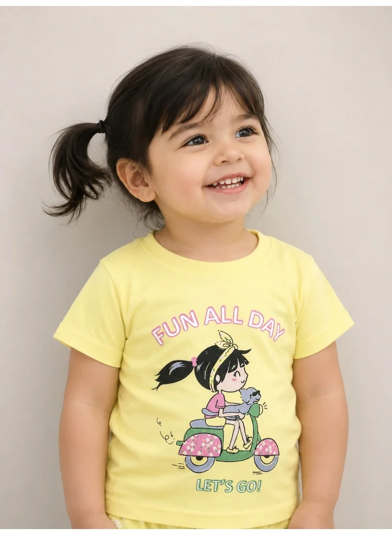 فكتور اند جين Girls Cartoon Print Cotton Pajama Set – T-Shirt & Full Pants Nightwear