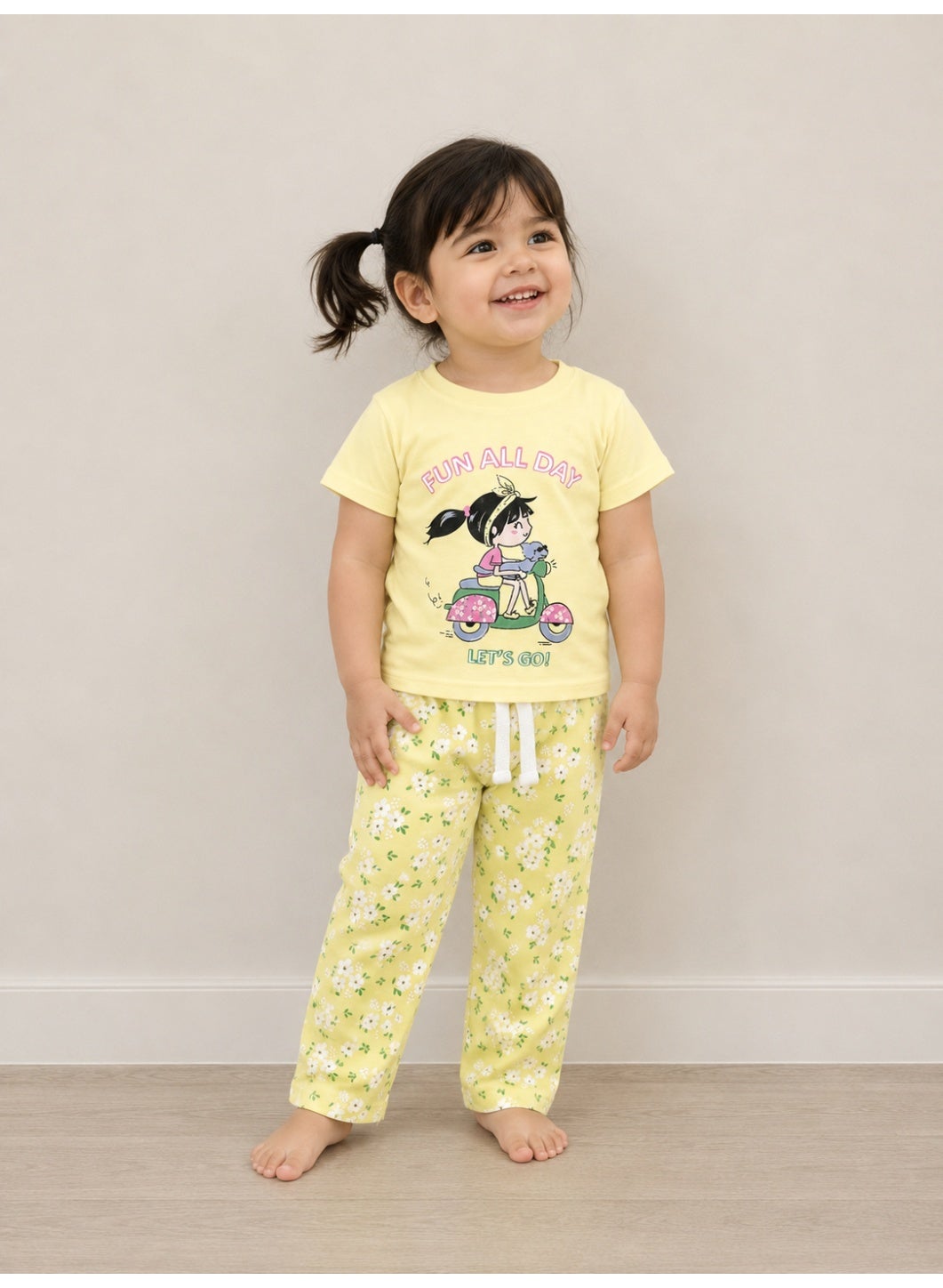 victor and jane Girls Cartoon Print Cotton Pajama Set – T-Shirt & Full Pants Nightwear
