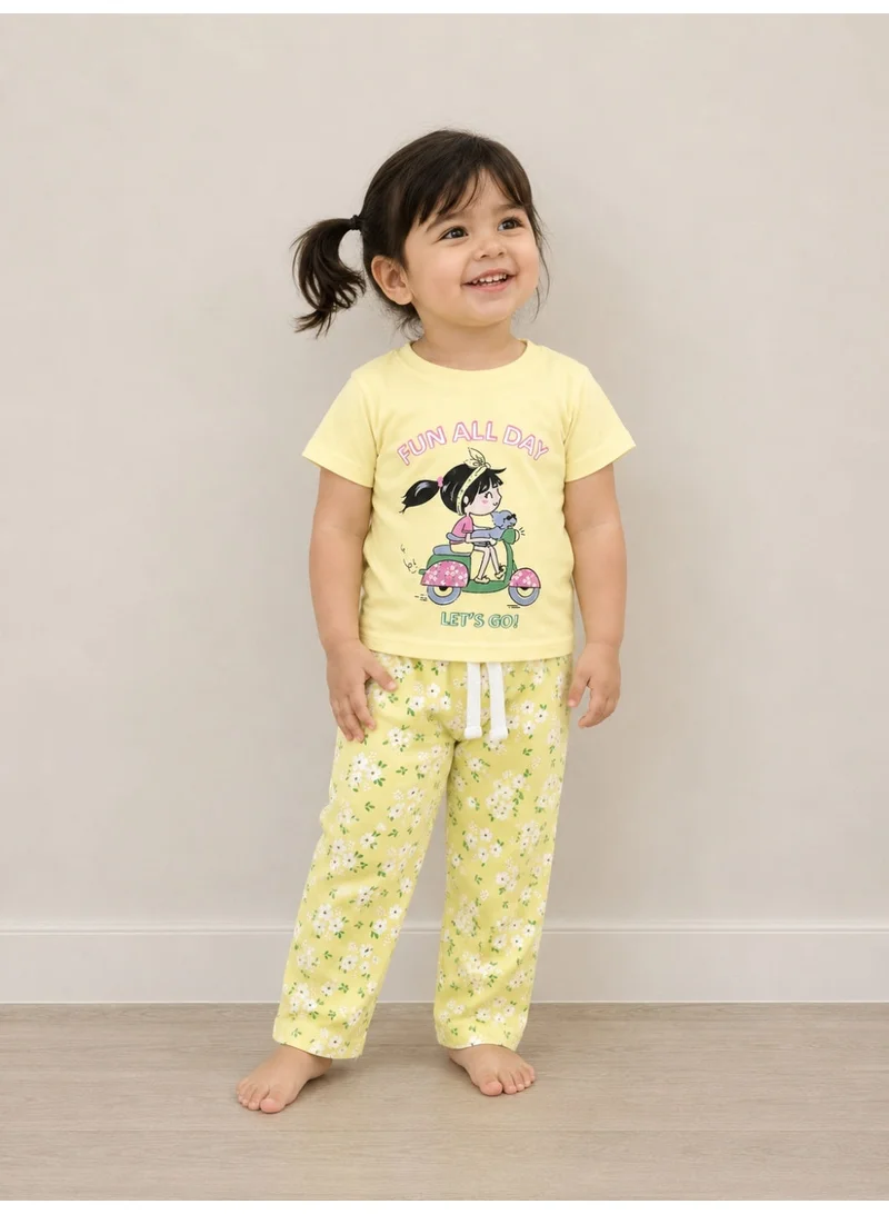 فكتور اند جين Girls Cartoon Print Cotton Pajama Set – T-Shirt & Full Pants Nightwear
