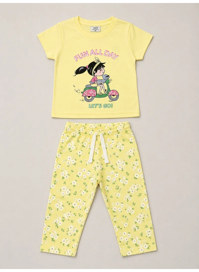 Victor And Jane  Girls Cartoon Print Cotton Pajama Set – T-Shirt & Full Pants Nightwear for Women | Best Price UAE