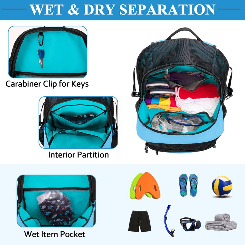 Fasrom Mesh Beach Bag Backpack with Wet Item Pocket, Swim Backpack for Pool, Travel and Gym (Patent Design, Empty Bag Only), Blue - Image 2