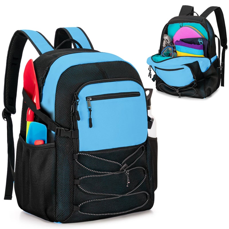 Fasrom Mesh Beach Bag Backpack with Wet Item Pocket, Swim Backpack for Pool, Travel and Gym (Patent Design, Empty Bag Only), Blue - Image 1