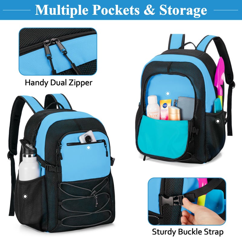 Fasrom Mesh Beach Bag Backpack with Wet Item Pocket, Swim Backpack for Pool, Travel and Gym (Patent Design, Empty Bag Only), Blue - Image 3