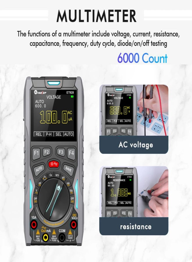 TOOLTOP ET928 راسم الذبذبات المحمول 3 في 1 راسم الذبذبات/مقياس متعدد/مولد إشارة محمول باليد سعة تخزين عالية طاقة منخفضة 12 ميجا هرتز 50 ميجا بايت في الثانية - Image 4