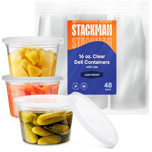 Stack Man Deli Containers with Lids [48 Sets - 16 oz.] Pint Plastic Soup Container - Disposable Deli Food Storage Containers with Airtight Lids for Freezer & Restaurant Takeout - Image 1