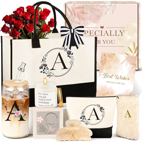 Giftota Birthday Gifts for Women, 10pcs Monogrammed Gifts for Women Initial Canvas Tote Bag, Makeup Bag, Glass Cup, Hair Clip, Candle Basket Birthday Personalized Gift for Her Woman Mom Wife Friend Teacher, A - Image 1